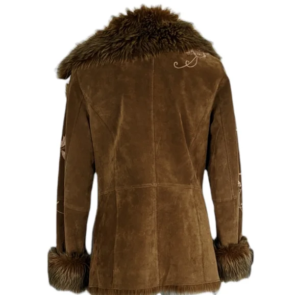 ✌️Penny Lane Brown Faux Fur Trimmed Women's Suede Leather Jacket 🎸 - Picture 3 of 15